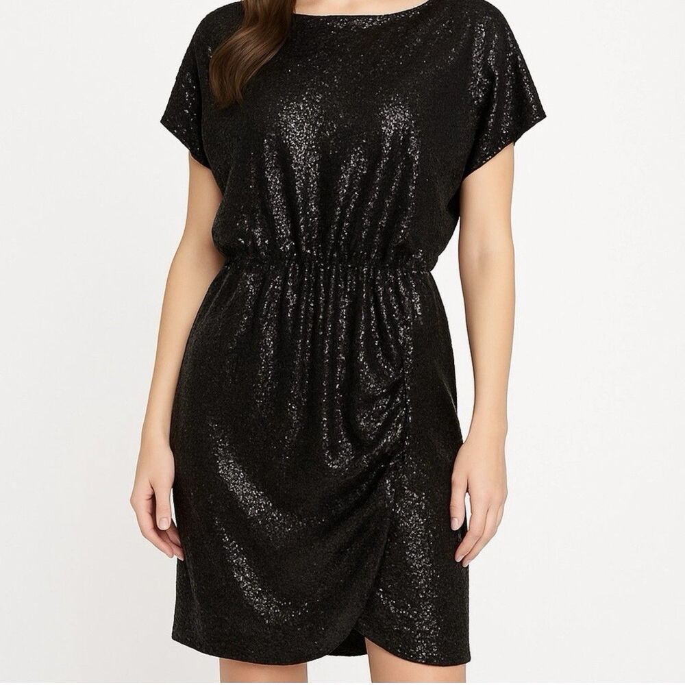 Express Black Sequin Ruched Cocktail Party Mini Dress Women’s Large NWT
